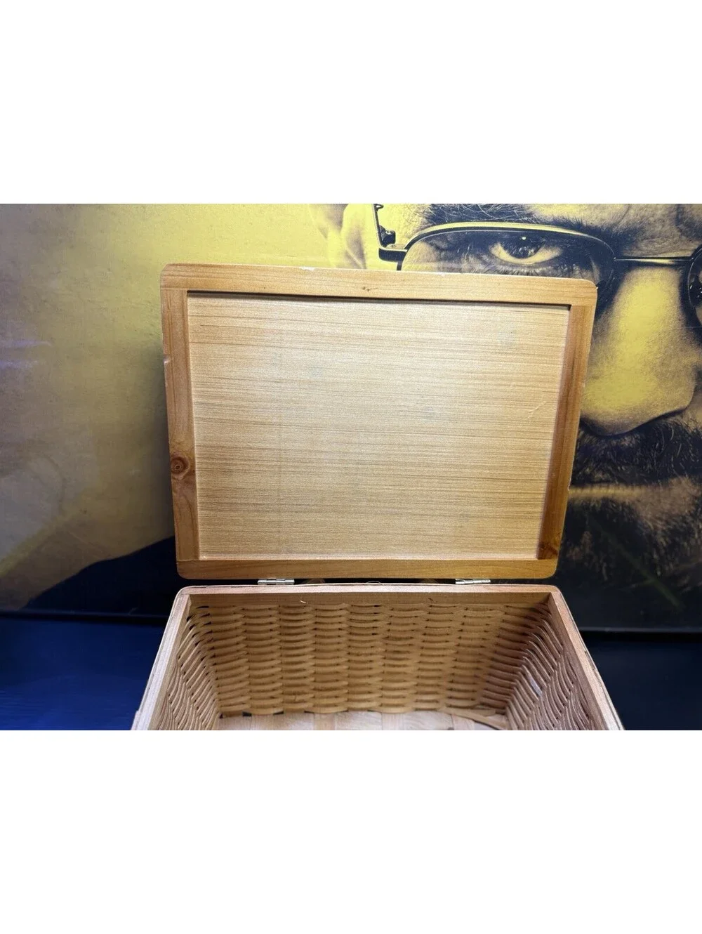 Vintage Woven Wood Picnic Basket Hinged Lid Dual Handles 15x11x9
